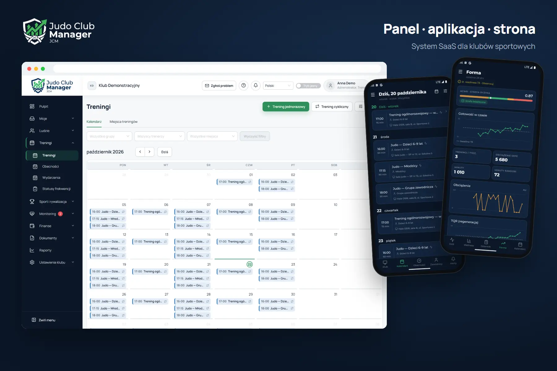 01-okladka Judo Club Manager — panel klubu z kalendarzem treningów i aplikacja mobilna