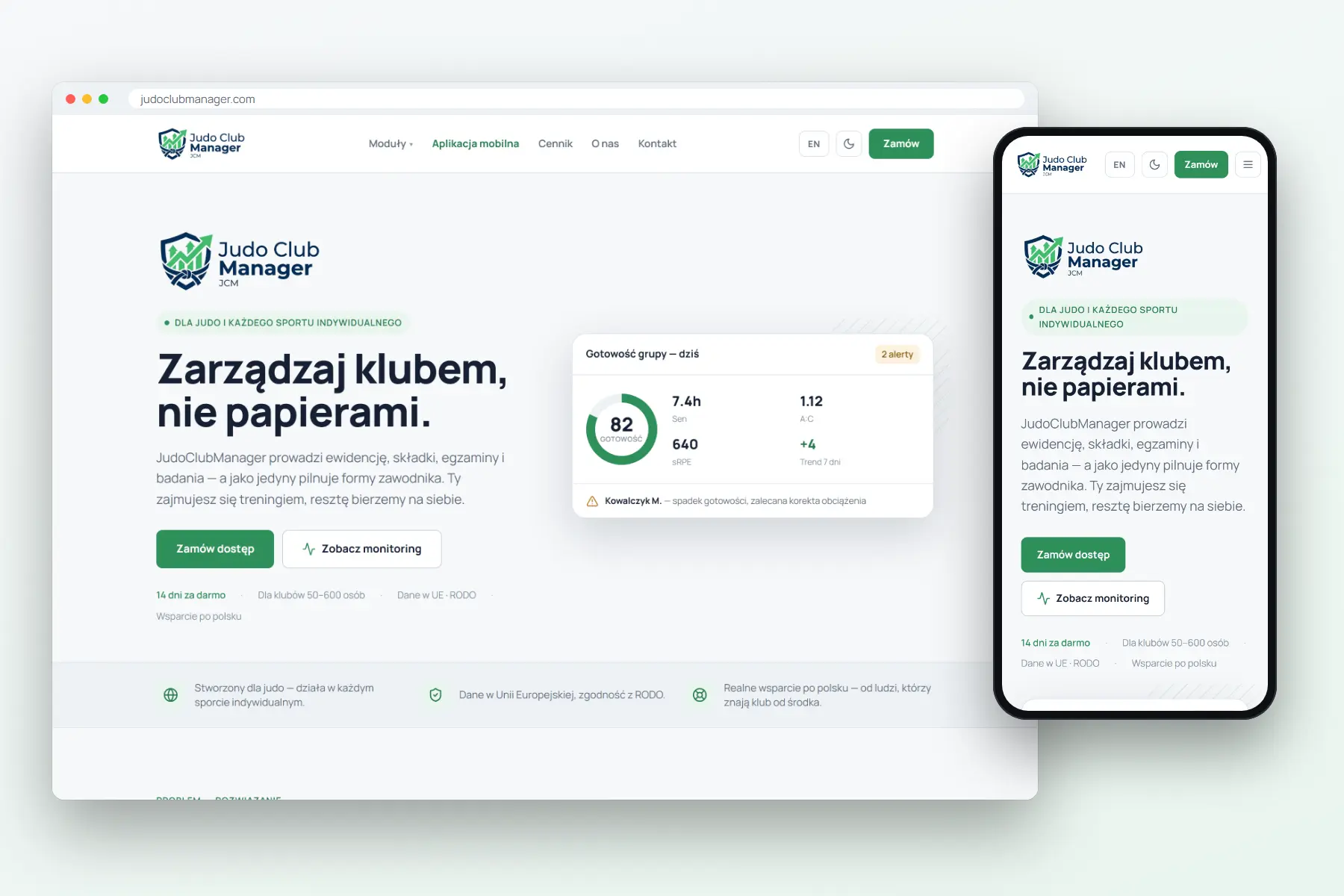 Strona judoclubmanager.com w wersji na komputer i na telefon