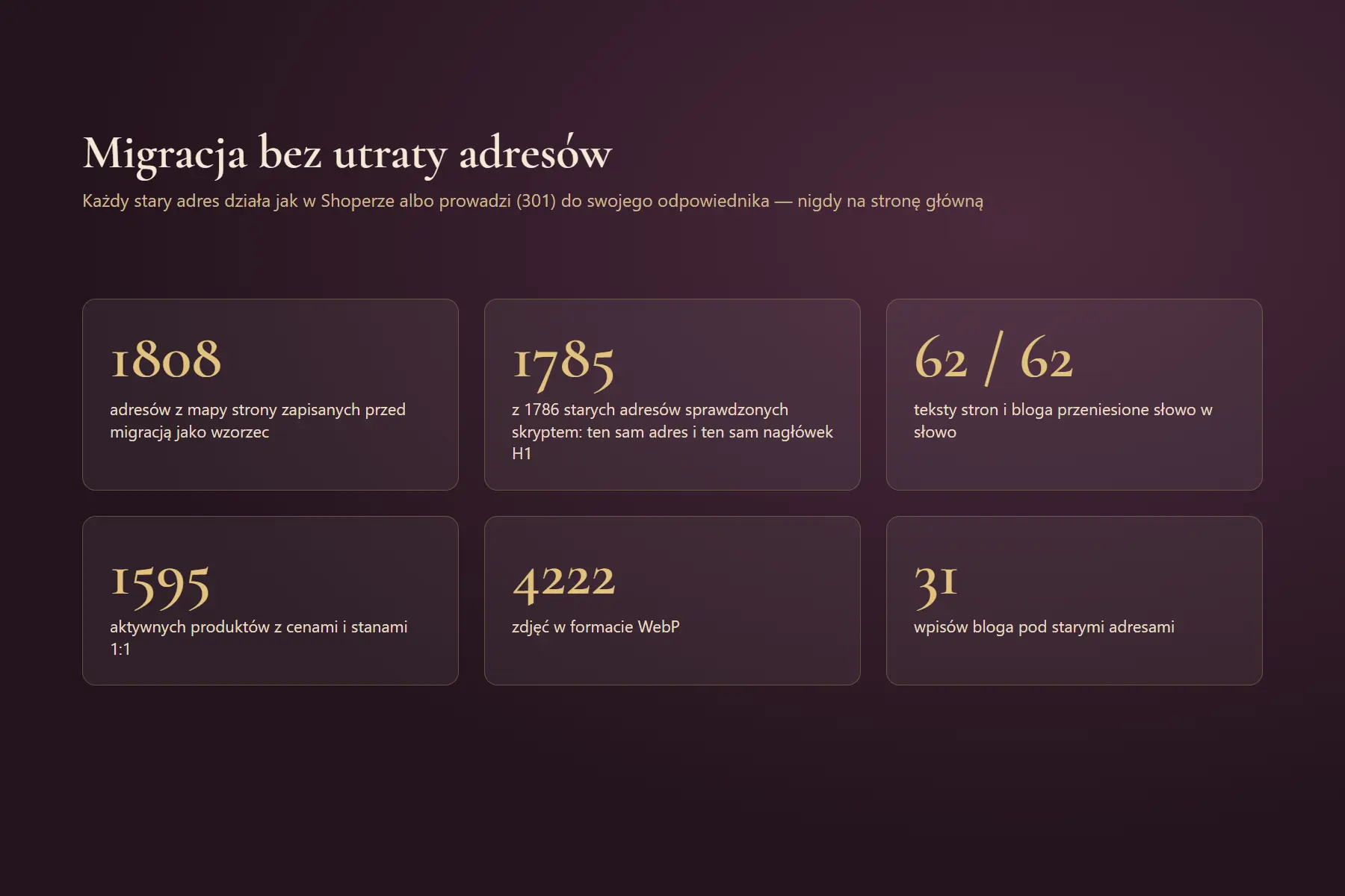 Migracja w liczbach: 1808 adresów wzorca, 1785 z 1786 adresów zgodnych, teksty 62 na 62, 1595 produktów, 4222 zdjęcia WebP, 31 wpisów bloga